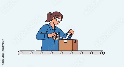 A woman in safety glasses seals a cardboard box with tape on a conveyor belt in a factory setting.