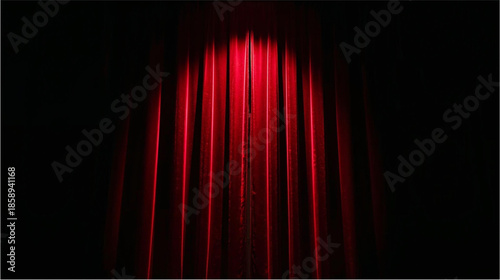 A dramatic spotlight illuminates luxurious red velvet stage curtains against a dark background, creating an anticipation of a performance.