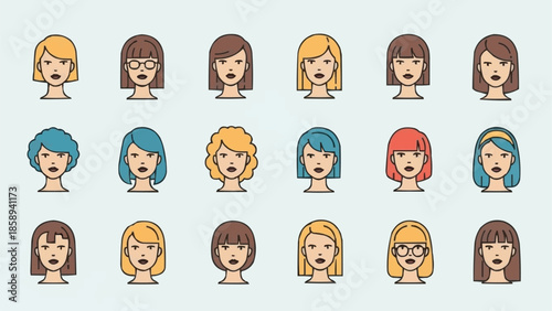 Diverse Collection of Womens Portraits with Varied Hairstyles and Colors.