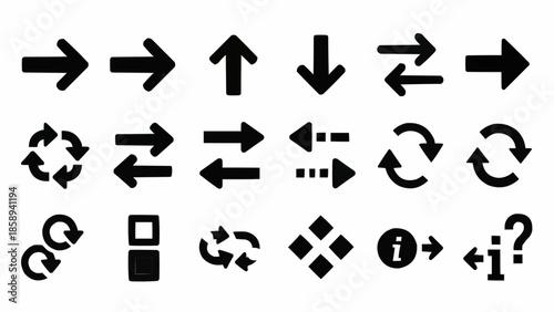 Collection of Black Arrow Icons for Navigation and Direction.