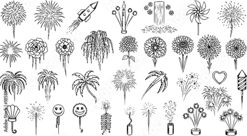 Black and White Line Art Illustrations of Fireworks and Pyrotechnics for Celebrations and Holidays