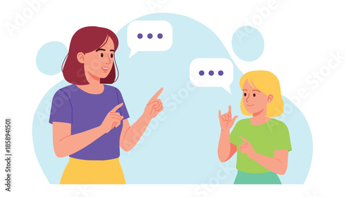 Two women communicating with speech bubbles and sign language