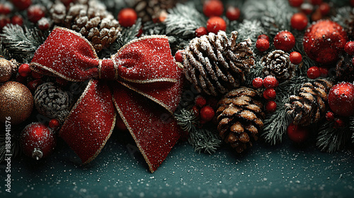 Festive Christmas decoration with pine cones, red berries, and a red bow.