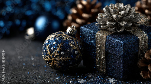 Festive holiday scene with decorated gift box, ornaments, and pinecones.