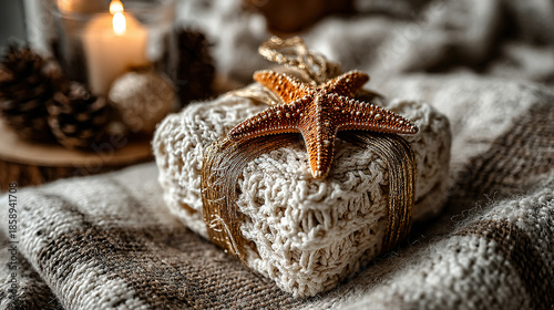 Decorated gift wrapped in a beige knit cloth with starfish and candles nearby.