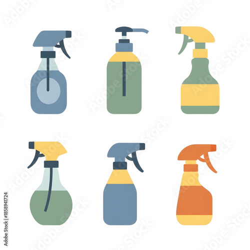 Flat design icons of spray and pump bottles, representing modern concepts of hygiene, cleanliness, and convenient liquid dispensing for household and personal care