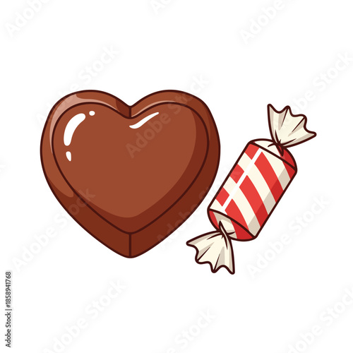 A heart shaped chocolate and a single wrapped candy