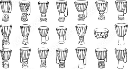 African Djembe Drums Black and White Line Art Vector Set. Hand-drawn Percussion Instruments Collection for Music, Culture, and Ethnic Design Projects.