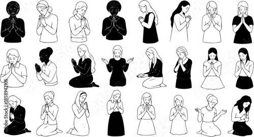 Black  White Line Art Vector Set of Praying Women. Hand-drawn Icons Depicting Diverse People Practicing Religion, Spirituality, Faith, Devotion, and Meditation, Standing and Kneeling in Prayer.