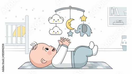 Baby Gazing at Mobile with Clouds, Moon, Star, and Elephant.