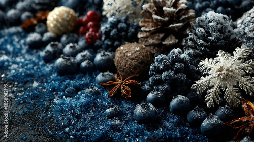 Close-up of pinecones, berries, star anise, and snowflakes on a dark surface.