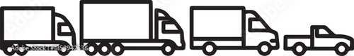 A minimalist black and white line art vector showing a fleet of various transport vehicles, including semi-trucks, a delivery van, and a pickup truck, representing a diverse logistics network.