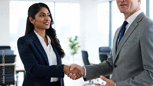 A confident and smiling Indian businesswoman warmly shakes hands with a male colleague or client in a bright, modern office environment, symbolizing successful collaboration, a new partnership, or a .