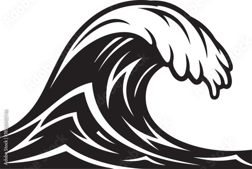 A bold black and white vector of a large breaking wave. This high-contrast graphic features a powerful curling crest and stylized foam, capturing the intense energy of a surging ocean swell.