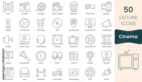 Set of cinema icons. Thin outline icons pack. Vector illustration