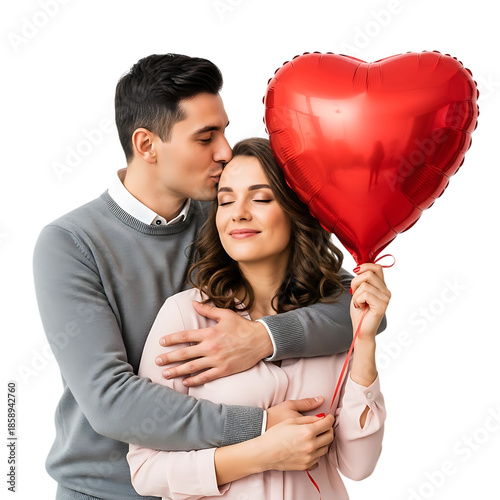 Couple holding heart balloon in loving embrace isolated on transparent background