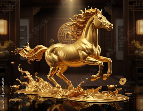 Golden horse statue in elegant setting.
