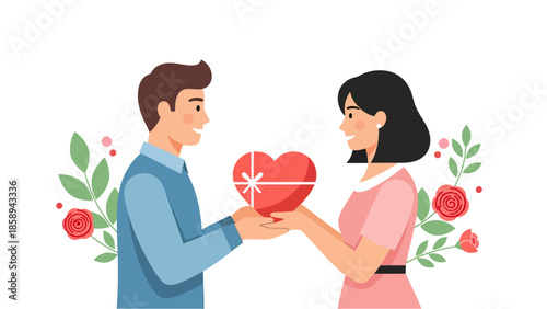 A man and a woman exchanging a heart-shaped gift box with roses and leaves in the background.