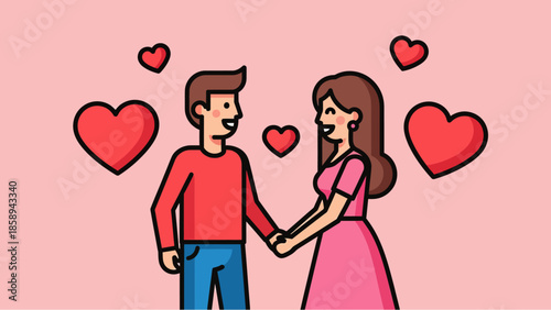 A happy cartoon couple holding hands surrounded by red hearts on a pink background, symbolizing love and romance and affection.