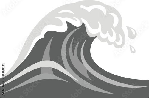 A stylized grayscale vector of a large crashing ocean wave with a white foaming crest. Small droplets fall from the peak, capturing the dynamic energy of the surf.
