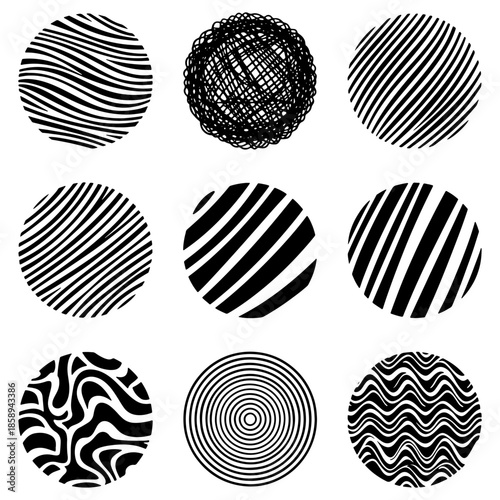 Set Of Abstract Circle Patterns With Various Line Textures And Shapes