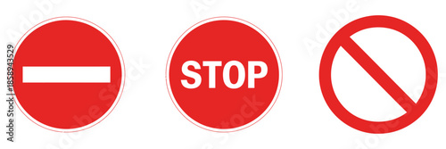 Stop Signs Collection, Including Red Round Stop Signs, Traffic Warning and Prohibition Symbols, Hand Icons, Text, Exclamation Marks, Vector Graphics for Road Safety, Traffic Control, and Digital Inter