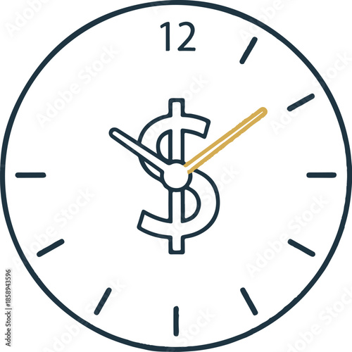 A minimalist line art clock featuring a dollar sign at its center. One clock hand is highlighted in gold, symbolizing the concept that time is money or financial management.