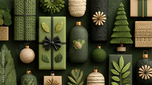 Christmas-themed decoration items, including trees, flowers, presents, and ornaments, in green tones.