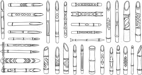 Black and White Line Art Illustration of Bamboo Flutes, Pipes, and Decorative Sticks: Hand-Drawn Collection for Music, Nature, and Craft Design Projects.