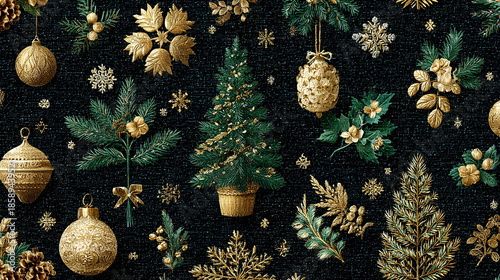 Festive holiday decorations with gold accents on a black background.