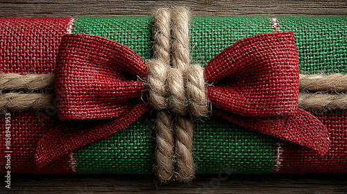 A gift-wrapped box with a red bow and rustic twine on textured paper.