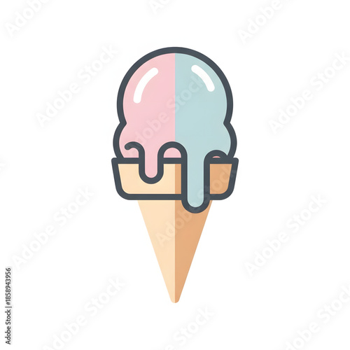 Deliciously refreshing ice cream cone with pink and blue swirls of frozen dessert melting in a crispy waffle cone, perfect for a summer treat