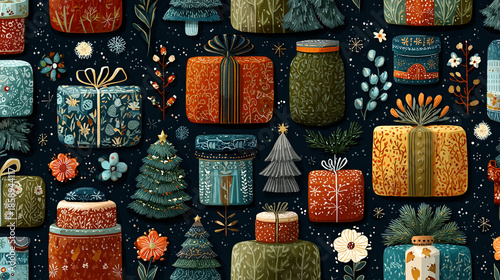 Festive holiday presents, flowers, and trees with decorative designs, on dark background.