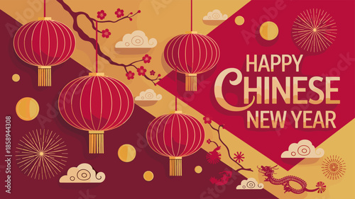 Happy Chinese New Year celebration card with traditional elements.