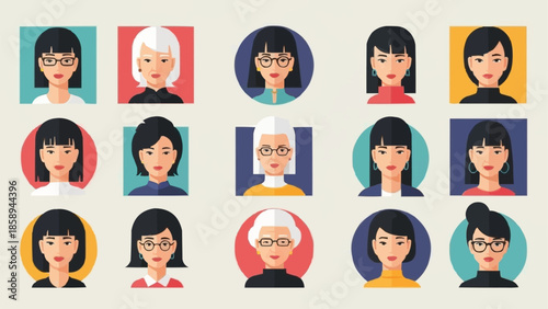 Diverse Collection of Womens Portrait Illustrations with Varied Hairstyles and Accessories.
