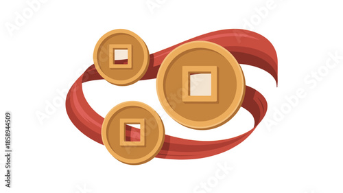 Three golden coins with a red ribbon flowing around them, often associated with luck and prosperity.