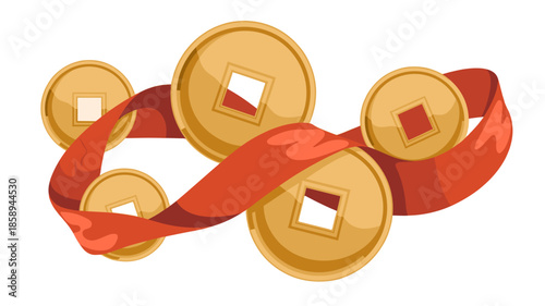 Golden coins adorned with a red ribbon, symbolizing prosperity and good fortune.