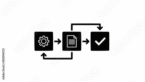 Workflow Process with Gear, Document, and Check Mark Icons.