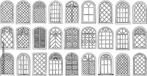 Architectural Arched Window Designs - Hand-drawn Black and White Line Art Sketch Collection of Various Window Frames, Grilles, and Tracery for Construction, Building, and Home Decor Projects