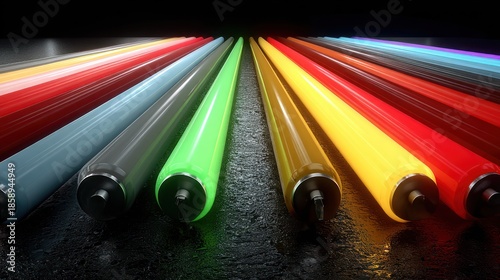 Cylindrical tubes of various colors in a row, on a dark surface