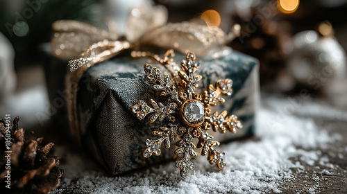 Elegant snowflake-shaped brooch attached to Christmas gift wrapped in dark fabric.