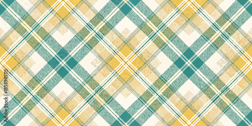 Colorful plaid pattern featuring teal, mustard, and beige tones, creating a warm and inviting vibe.