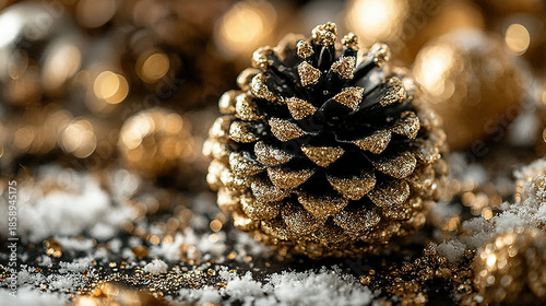 Pine cone decorated with gold glitter, surrounded by festive gold ornaments and snow.
