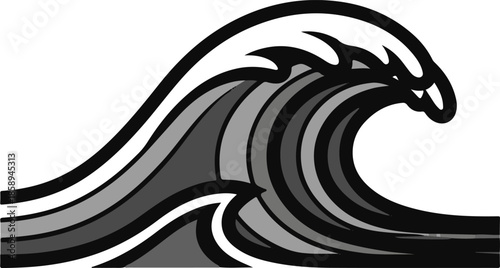 A bold vector illustration of a powerful breaking ocean wave featuring a thick black outline, grayscale interior shading, and a sharp, stylized crest with pointed foam.