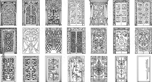 Black and White Line Art Illustration of Elaborate Ornamental Doors and Gates in Various Styles for Architectural Design