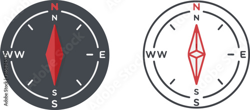 A set of two minimalist compass icons featuring cardinal directions; one has a solid dark grey face with a red needle, while the other is a clean black and white outline with a red diamond needle.