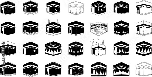 Islamic Kaaba icons in Black and White Line Art style, representing Hajj and Umrah pilgrimage