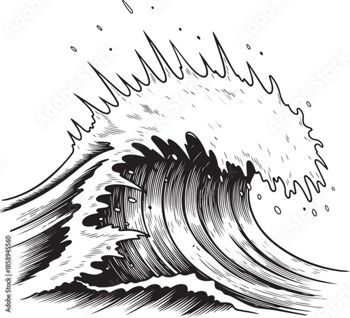 A dramatic black and white vector of a large breaking wave. Featuring detailed shading, intense sea spray, and a powerful crest, it captures the raw energy of a surging ocean swell.