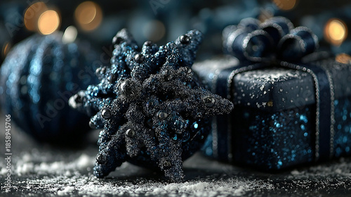 Sparkly black star-shaped ornament with gift box and decorative balls.