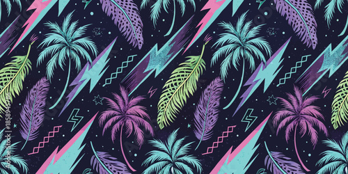 Colorful tropical pattern featuring palm trees, feathers, and lightning bolts, creating a vibrant and energetic vibe.